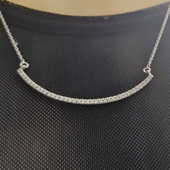 Sterling Forever Rhodium Plated Brass CZ Curved Bar Necklace 16" - 18" - Picture 3 of 5